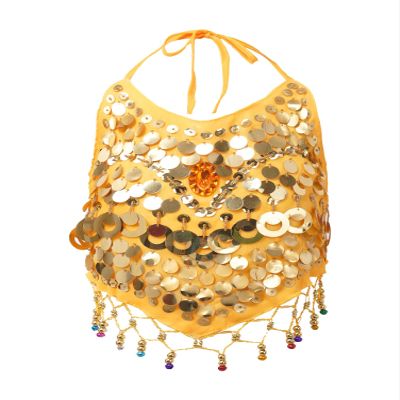 Aislor Girls Belly Dance Performance Jazz Ballet Dance Top Kids Sequins Halter Neck Athletic Shirts Bra Top Dancewear Yellow One Size