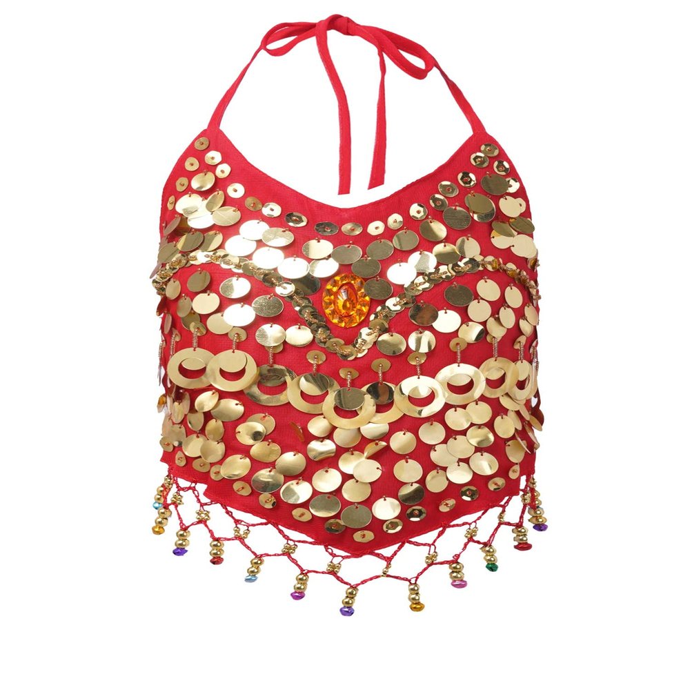 Aislor Girls Belly Dance Performance Jazz Ballet Dance Top Kids Sequins Halter Neck Athletic Shirts Bra Top Dancewear Red One Size