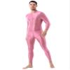 Agoky Men's Stretchy One Piece Long Sleeve Jumpsuit High Neck Oil Glossy Bodysuit Leotard Pink One Size view 3