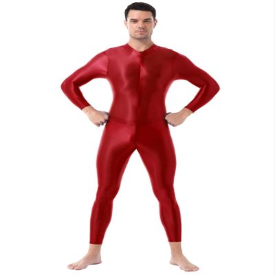 Jugaoge Men Sexy Full Body Bodysuit High Elasitc Clubwear Oil Gloosy Sexy Tight Shaping Jumpsuit Red One Size