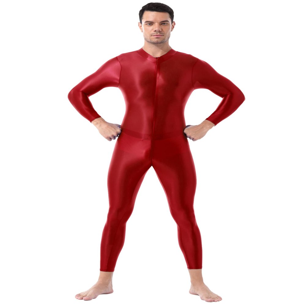 Jugaoge Men Sexy Full Body Bodysuit High Elasitc Clubwear Oil Gloosy Sexy Tight Shaping Jumpsuit Red One Size