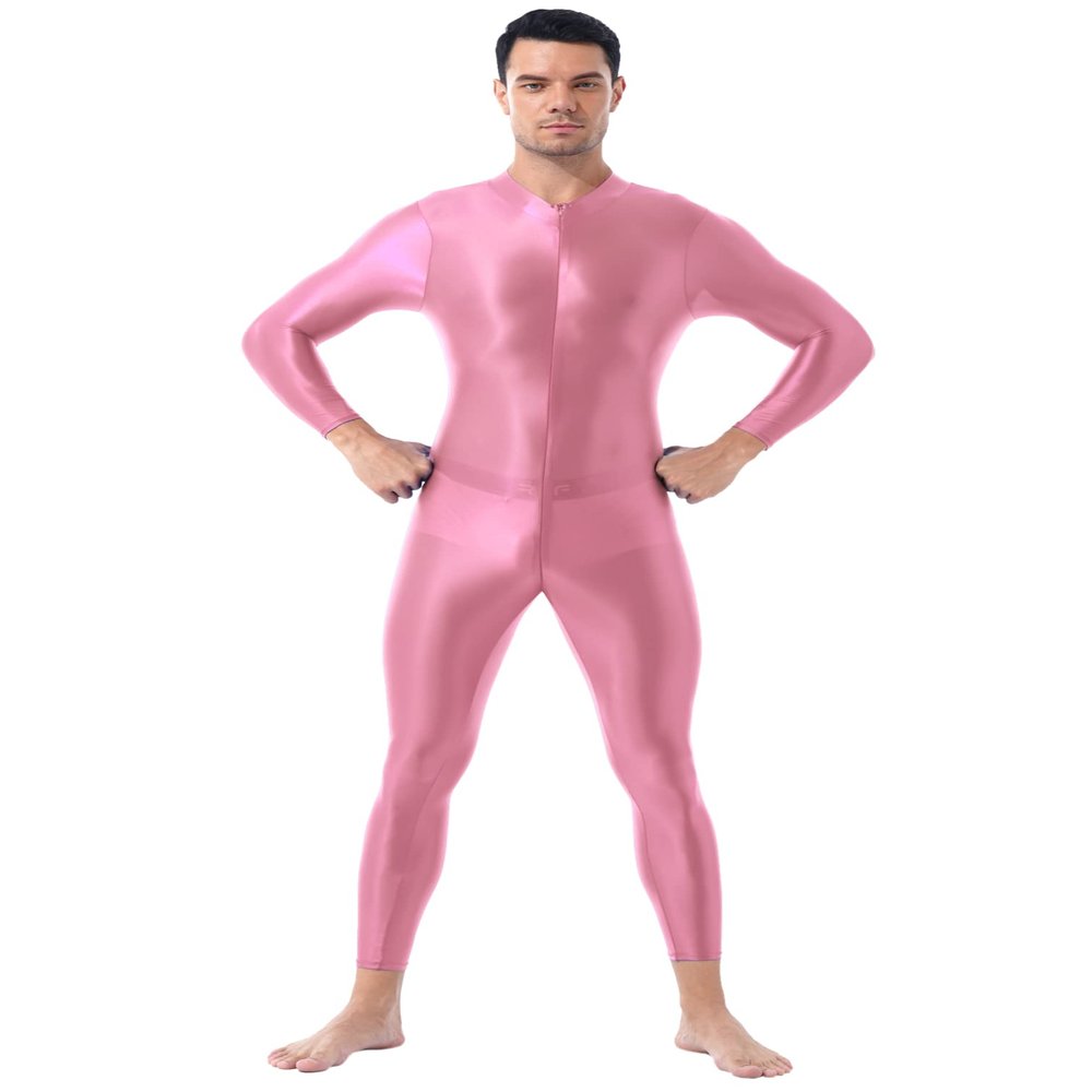 Jugaoge Men Sexy Full Body Bodysuit High Elasitc Clubwear Oil Gloosy Sexy Tight Shaping Jumpsuit Pink One Size