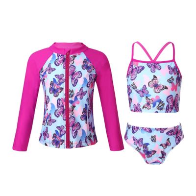 Yeahdor Big Girls Floral 3 Pcs Sun Cover Up Long Sleeve Zipper Rashgaurd Shirts with Triangle Bikini Butterfly 16 Years