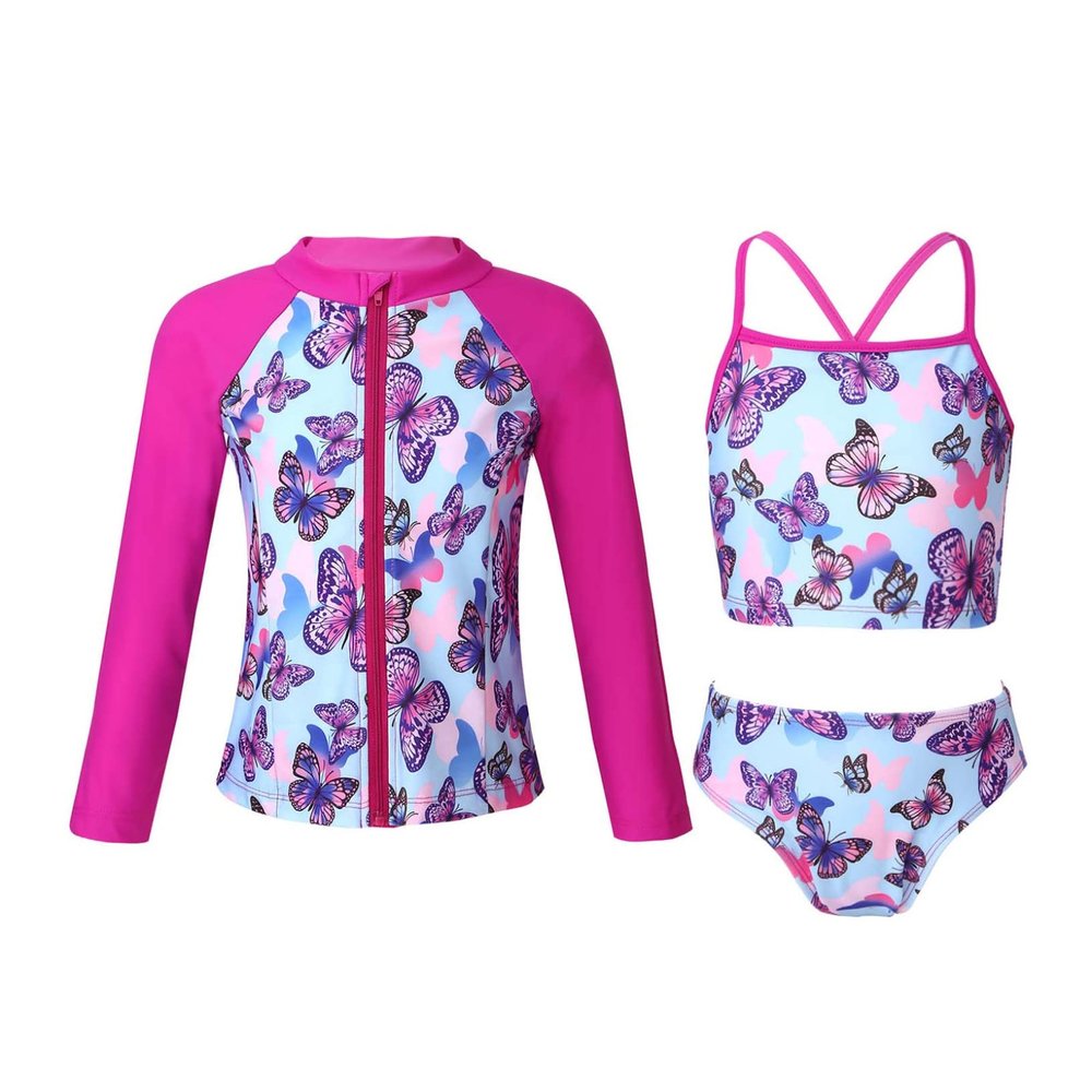 Yeahdor Big Girls Floral 3 Pcs Sun Cover Up Long Sleeve Zipper Rashgaurd Shirts with Triangle Bikini Butterfly 16 Years