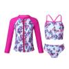 Yeahdor Big Girls Floral 3 Pcs Sun Cover Up Long Sleeve Zipper Rashgaurd Shirts with Triangle Bikini Butterfly 16 Years view 1