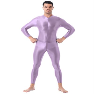 Jugaoge Men Sexy Full Body Bodysuit High Elasitc Clubwear Oil Gloosy Sexy Tight Shaping Jumpsuit Lavender One Size
