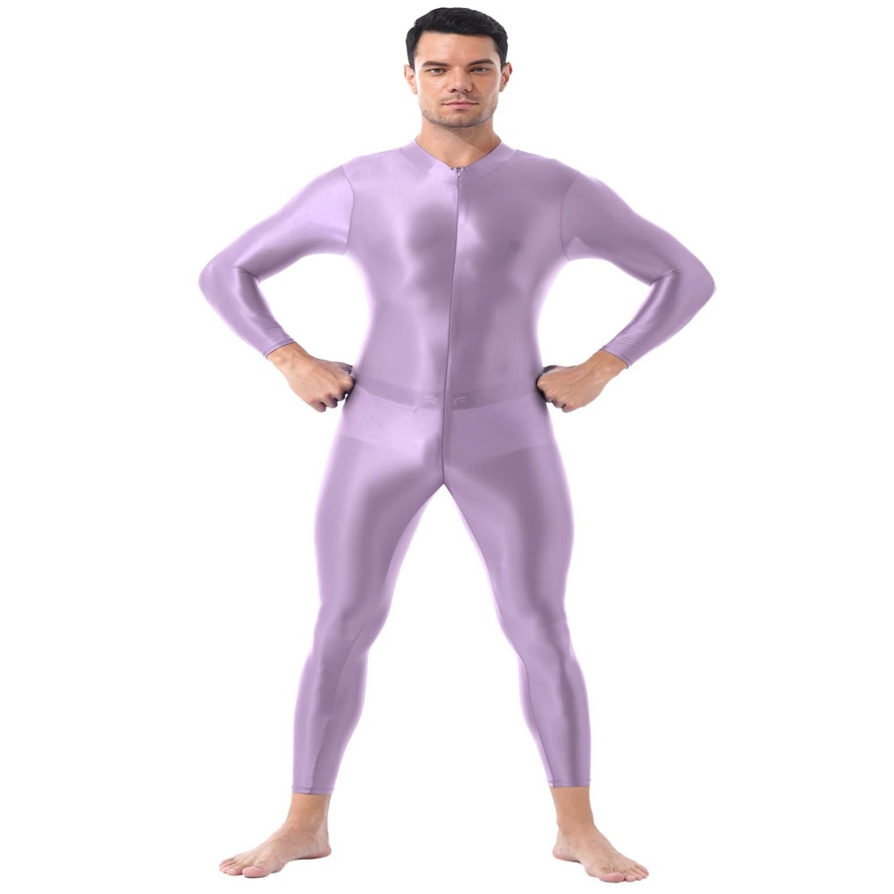 Jugaoge Men Sexy Full Body Bodysuit High Elasitc Clubwear Oil Gloosy Sexy Tight Shaping Jumpsuit Lavender One Size