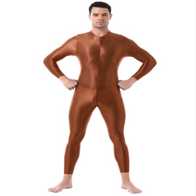 Jugaoge Men Sexy Full Body Bodysuit High Elasitc Clubwear Oil Gloosy Sexy Tight Shaping Jumpsuit Coffee One Size