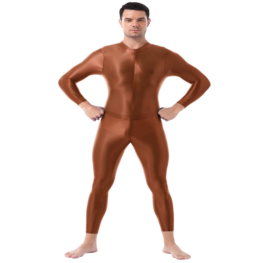 Jugaoge Men Sexy Full Body Bodysuit High Elasitc Clubwear Oil Gloosy Sexy Tight Shaping Jumpsuit Coffee One Size