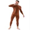 Jugaoge Men Sexy Full Body Bodysuit High Elasitc Clubwear Oil Gloosy Sexy Tight Shaping Jumpsuit Coffee One Size view 3