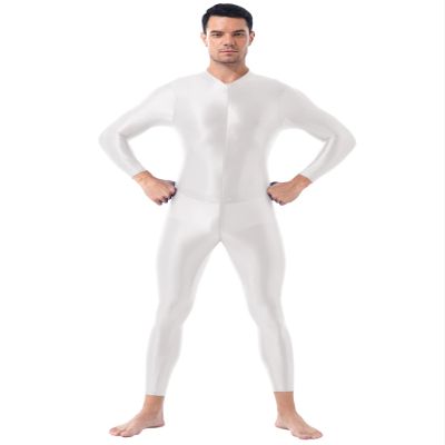 FEESHOW Sexy Men Shiny Full Body Bodysuit Oil Gloosy Lingerie Double Zipper Catsuit Sexy Tights White One Size