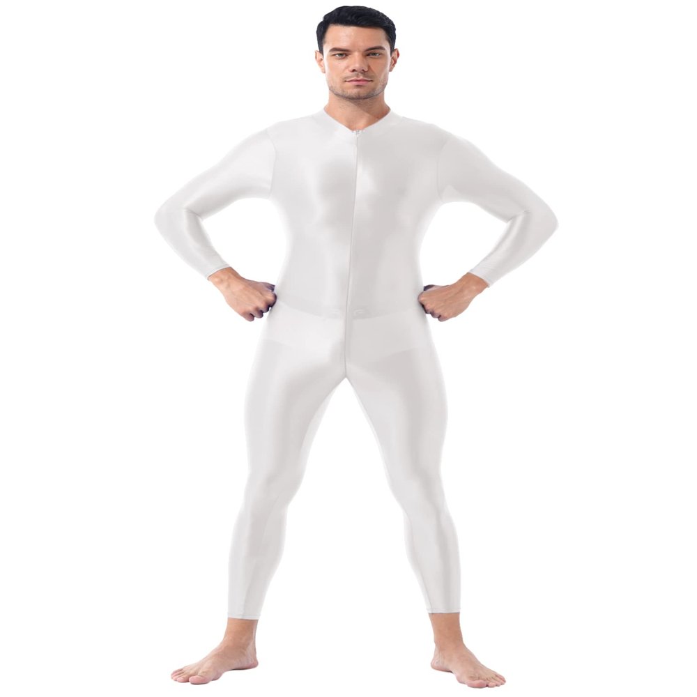 FEESHOW Sexy Men Shiny Full Body Bodysuit Oil Gloosy Lingerie Double Zipper Catsuit Sexy Tights White One Size