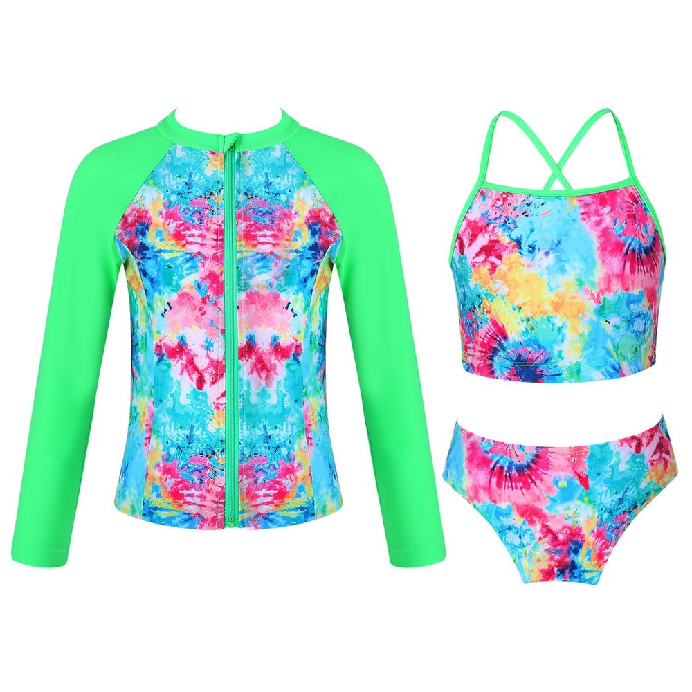 CHICTRY Kids Girls Tropical 3 Pcs Swim Cover Up Sets Zip Up Rashguard Shirts with Bikini Swimsuit Colorful 16 Years