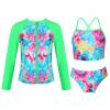 CHICTRY Kids Girls Tropical 3 Pcs Swim Cover Up Sets Zip Up Rashguard Shirts with Bikini Swimsuit Colorful 16 Years view 1