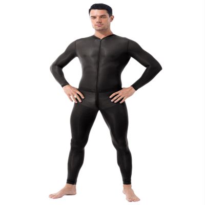 ACSUSS Men's Mesh Pajamas Jumpsuit Homewear Long Sleeve Front Zipper Rompers Nightwear Black Large