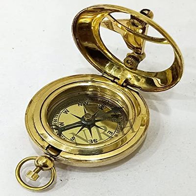 Collectible Brass Sundial Compass Marine Boat Gift Pocket Sun Dial in Leather Display Box