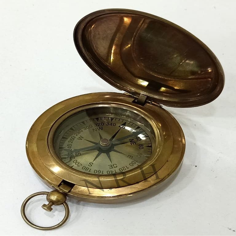 Antique Brass Sundial Compass Pocket with Leather Case Compass