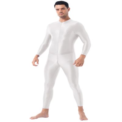 Oyolan Men Adult Spandex Long Sleeve Unitard Bodysuit High Neck Zip One Piece Leotard Dance Costume White#Spandex One Size