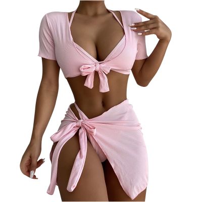 4 Piece Swimsuits for Women's Sexy Ribbed Halter Triangle Bikini Bathing Suit Crop Tops with Beach Skirt Cover Up Pink