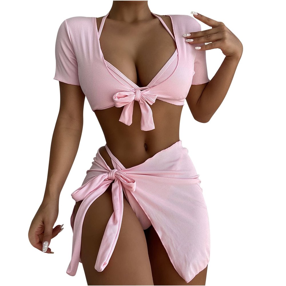 4 Piece Swimsuits for Women's Sexy Ribbed Halter Triangle Bikini Bathing Suit Crop Tops with Beach Skirt Cover Up Pink