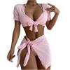 4 Piece Swimsuits for Women's Sexy Ribbed Halter Triangle Bikini Bathing Suit Crop Tops with Beach Skirt Cover Up Pink view 1
