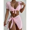 4 Piece Swimsuits for Women's Sexy Ribbed Halter Triangle Bikini Bathing Suit Crop Tops with Beach Skirt Cover Up Pink view 2