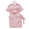 4 Piece Swimsuits for Women's Sexy Ribbed Halter Triangle Bikini Bathing Suit Crop Tops with Beach Skirt Cover Up Pink view 4