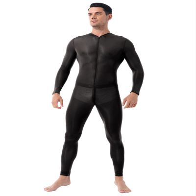Oyolan Men Adult Spandex Long Sleeve Unitard Bodysuit High Neck Zip One Piece Leotard Dance Costume Black#Mesh One Size