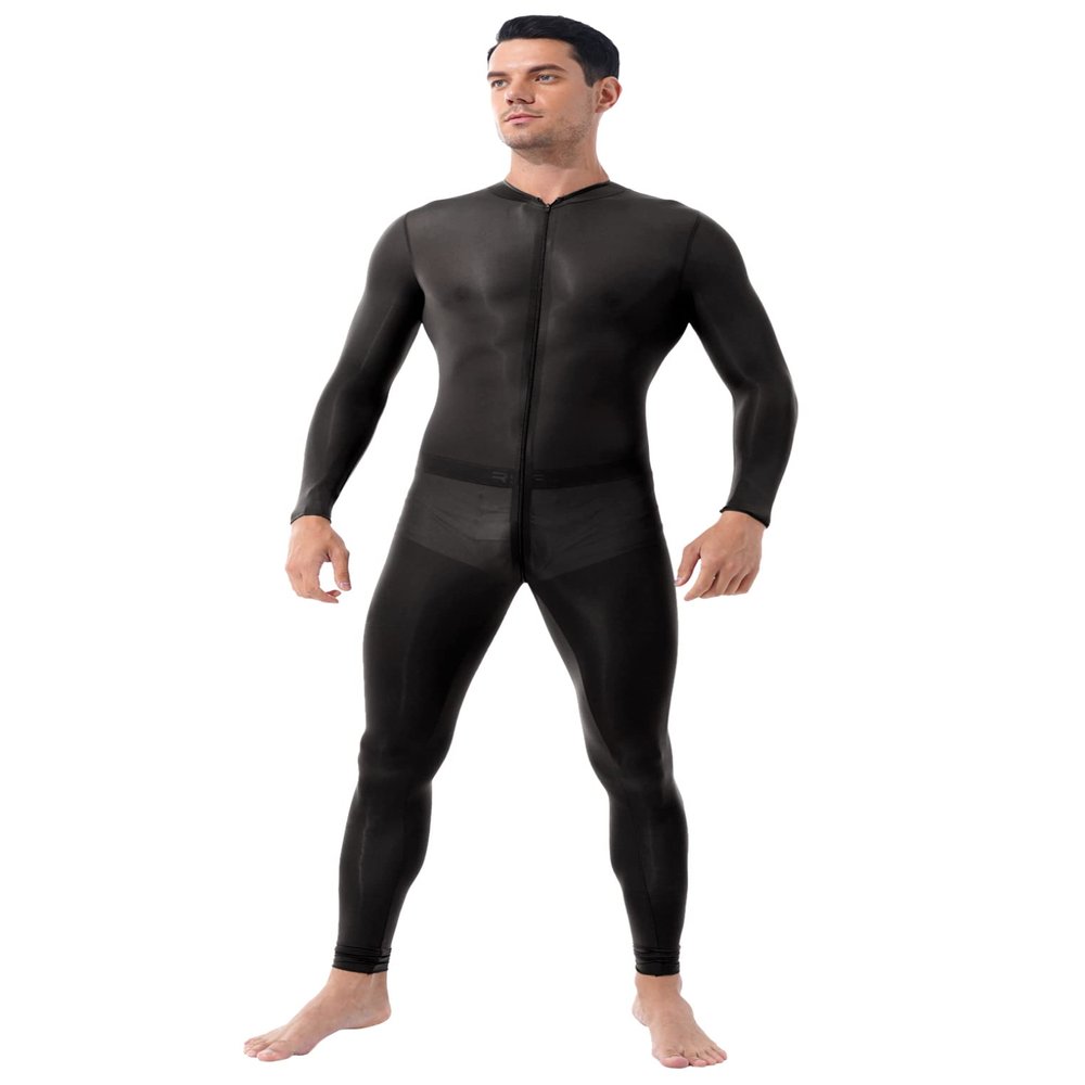 Oyolan Men Adult Spandex Long Sleeve Unitard Bodysuit High Neck Zip One Piece Leotard Dance Costume Black#Mesh One Size