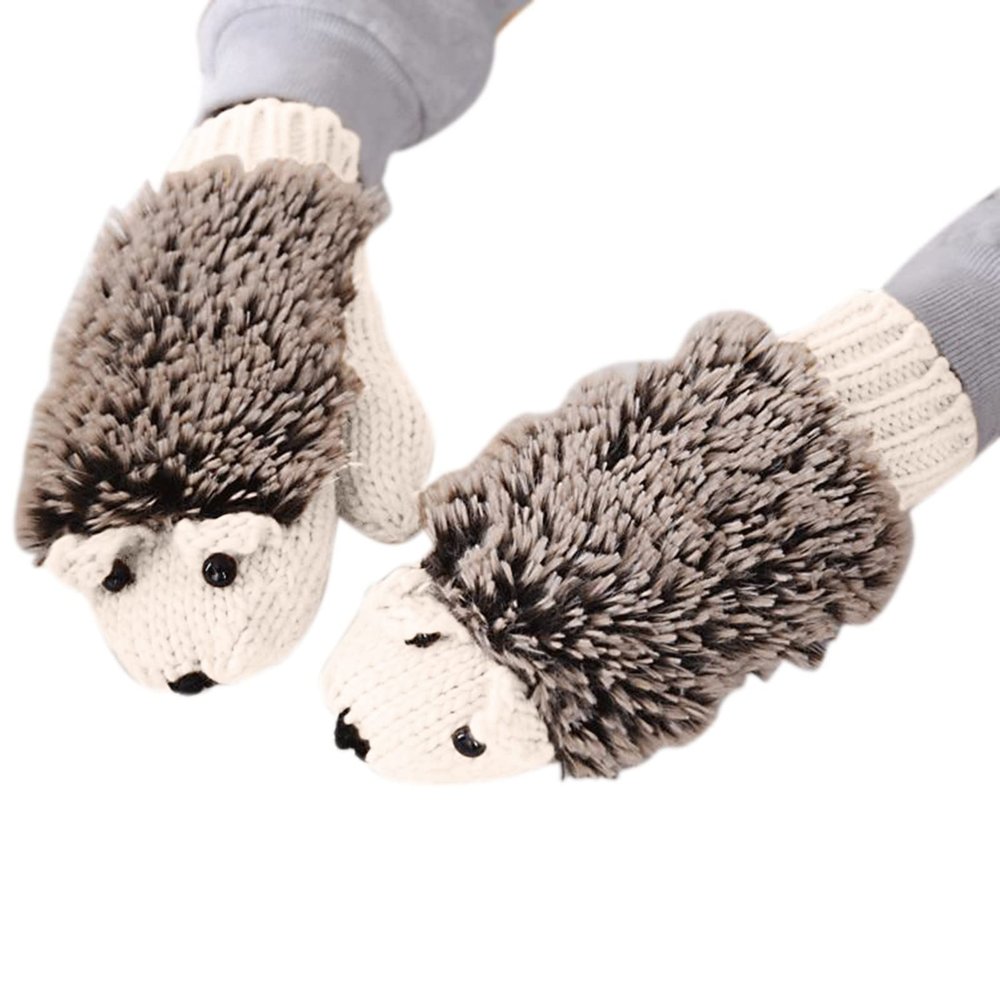 Cold Weather Gloves For Women Knitted Warm Cartoon Hedgehog Winter Fleece Cotton Thick Finger Gloves Insulation Mittens White