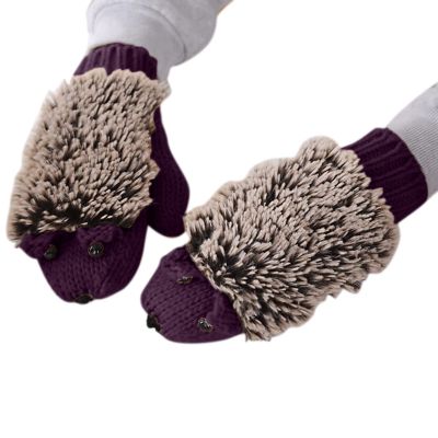 ERFV Cold Weather Gloves For Women Knitted Warm Cartoon Hedgehog Winter Fleece Cotton Thick Finger Gloves Insulation Mittens