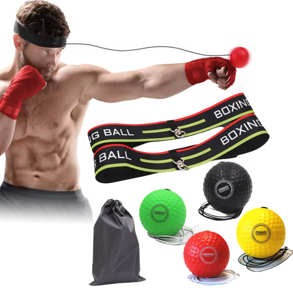 Adjustable Set 4 Balls + 2 Headbands for Boxing Training, Hand-Eye Coordination, Speed & Reflex Improvement, Novice Friendly