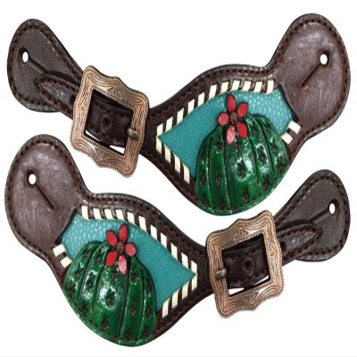 Showman Ladies Cactus & 3D Flower w/Teal Inlay Leather Spur Straps
