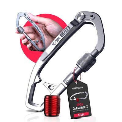 GPCA Multi-Tool Carabiner for Camping, Hiking, Key & Dog Leash Holder, Bottle Opener, Pocket Clip, Universal Size, EDC Gear, Heavy-Duty Titanium Steel (GP X Carabiner w/Red Ring, Steel)