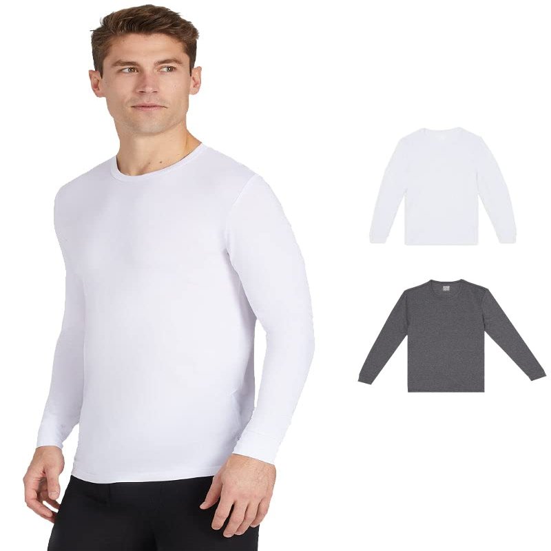 32 Degrees Men's 2-Pack Performance Lightweight Thermal Baselayer Crewneck Long Sleeve Shirt Top | Moisture Wicking | Anti Odor, White/Charcoal Heather, Medium
