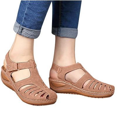 oiangi Wedge Sandals for Women Casual Summer Solid Color Hollow Closed Toe Hook and Loop Sandals Soft Comfortable Lightweight Outdoor Beach Travel Shoes Pink