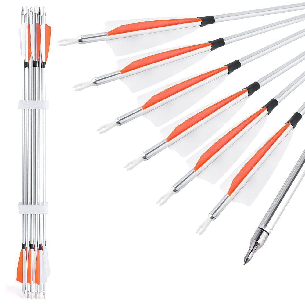 ZSHJGJR 31 inch Archery Aluminum Arrows 500 Spine Hunting Arrows with Removable Tips Natural Feather Fletchings Targeting Arrows for Compound & Recurve Bow 6/12 Pack (Orange, 12)