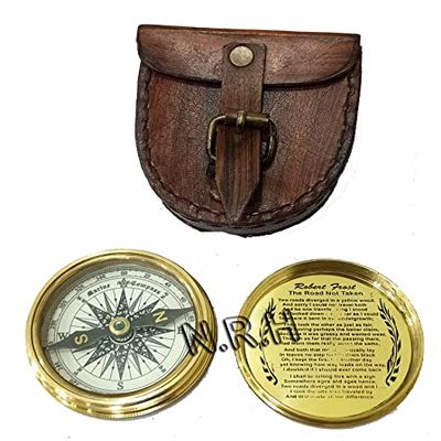 Collectible Brass Flat Compass Marine 1920 Compass Brass Finish with Leather Box