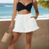 LNX Womens Linen Shorts Ruffle High Waisted Wide Leg Drawstring Summer Beach Shorts with Pockets White view 3