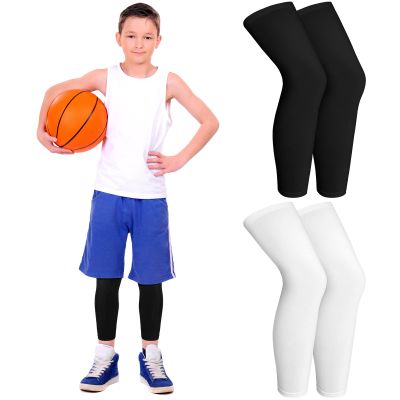 Geyoga 2 Pairs Kids Long Compression Leg Sleeves Long Knee Sleeves UV Protection for Boy Girl Youth Basketball Running Sport(X-Large,Black, White)