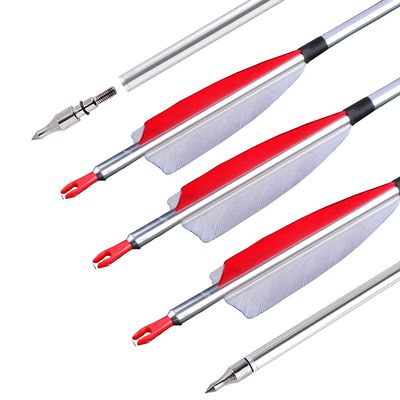ZSHJGJR 31 inch Archery Aluminum Arrows 500 Spine Hunting Arrows with Removable Tips Natural Feather Fletchings Targeting Arrows for Compound & Recurve Bow 6/12 Pack (Red, 12)