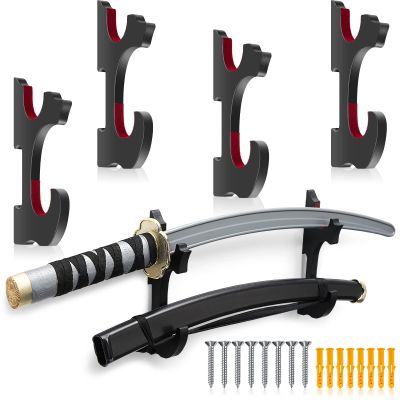 Yookeer 4 Pcs/ 2 Sets Sword Wall Mount Samurai Sword Wall Hanger Holder Adjustable Display Walls Mount Hanger Samurai Swords Tanto Cosplay Gifts Weapon Rack(Red,Wood, Flannel,Stylish)