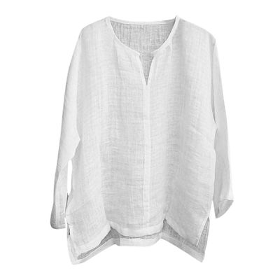 Mens Casual Loose Fit Linen Shirts Summer Hippie Baggy 3/4 Sleeve V Neck T-Shirts Solid Color Cotton Beach Yoga Tops White