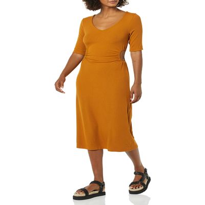 Amazon Essentials Women's Fine Rib Side Cut-Out Dress (Previously Daily Ritual), Dark Caramel, Large