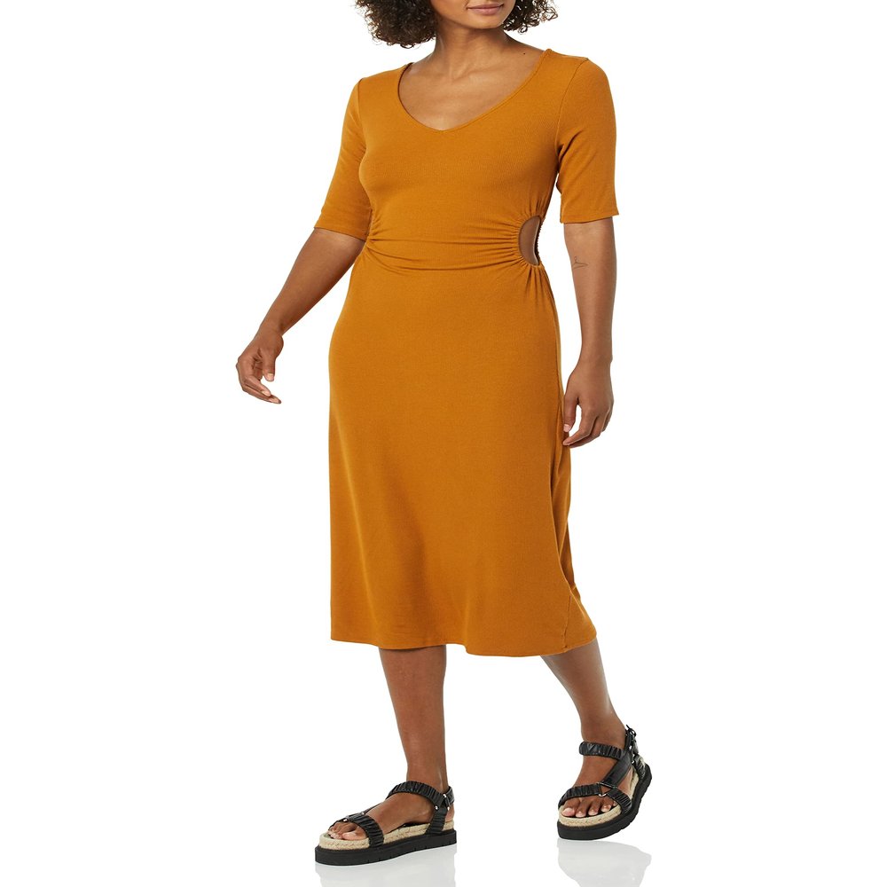 Amazon Essentials Women's Fine Rib Side Cut-Out Dress (Previously Daily Ritual), Dark Caramel, Large