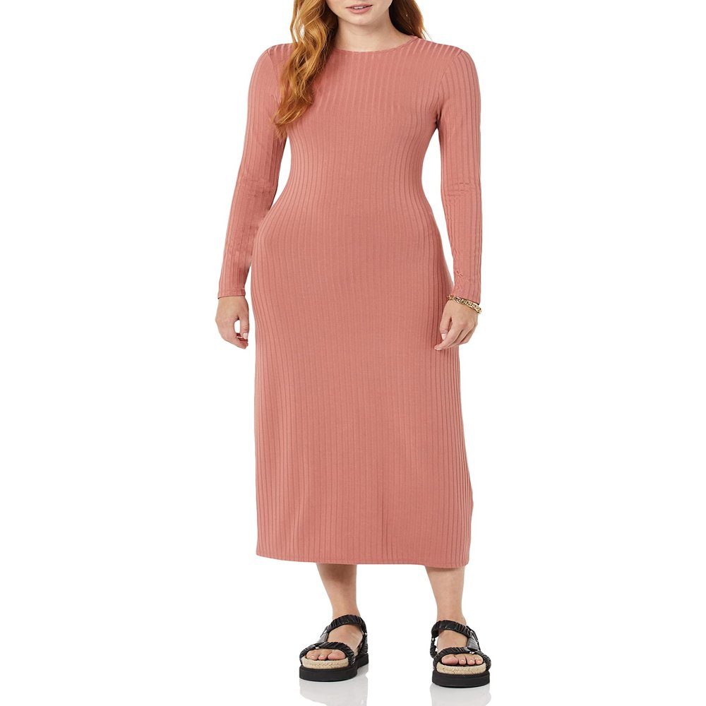 Amazon Essentials Women's Wide Rib Open Back Long Sleeve Dress, Terracotta, X-Large