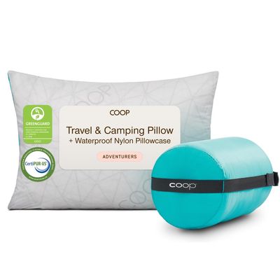 Coop Home Goods Original Adjustable Travel Pillow and Waterproof Pillow Protector Grey Bundle with Compressible Stuff Sack, Medium-Firm Memory Foam and Washable Cover, CertiPUR-US Certified (19x13)