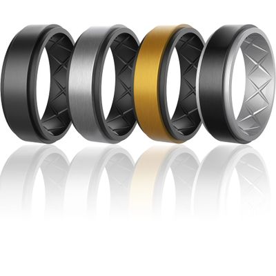 Zollen Breathable Mens Silicone Wedding Rings, Rubber Wedding Engagement Ring Bands for Men for Sports Workout (E: black, silver/black, black/silver, gold/black, 10(19.8mm))
