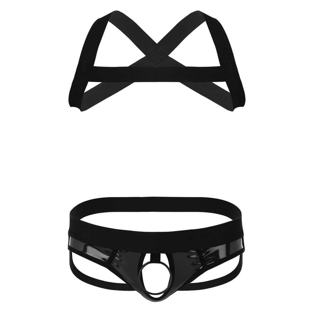 YiZYiF Men's Half Body Chest Harness Jockstrap Nylon Lingerie Set with Metal O Ring Underwear Black O-ring Large