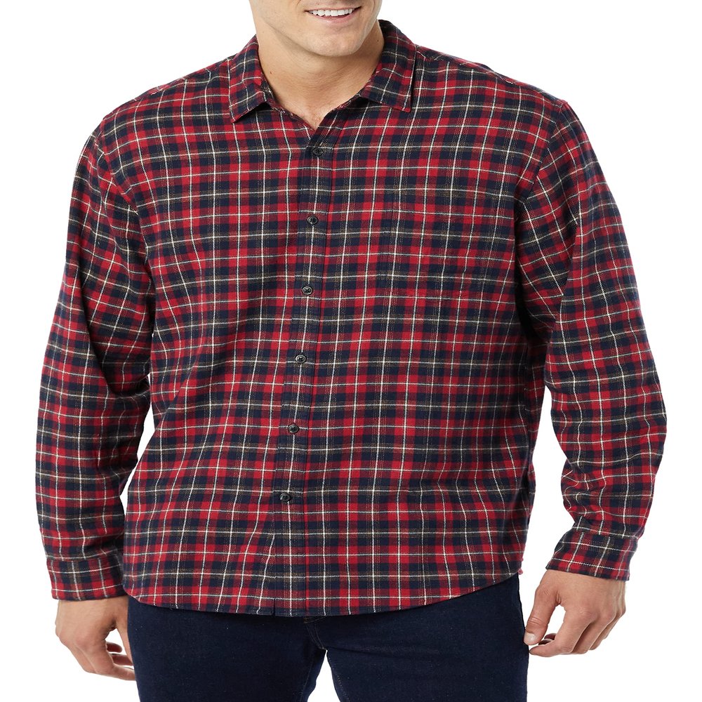 Amazon Essentials Men's Long-Sleeve Flannel Shirt, Dark Red Plaid, Small